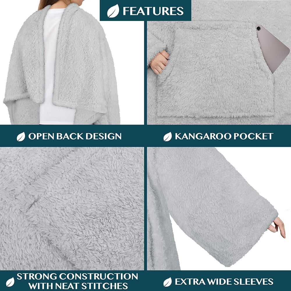 PAVILIA Fluffy Blanket with Sleeves Women Men Adults, Wearable Blanket Plush Soft Fuzzy, Hug Sleep Pod Snuggle Pocket Sleeved TV Throw, Sherpa Fleece Warm Cozy Shaggy Gifts Ideas Mom Wife, Light Gray