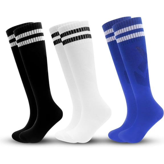 3 Pairs Kids Soccer Socks Striped Knee High Tube Socks Football Uniform Sports Socks for Boys Girls 6-12 Years Old