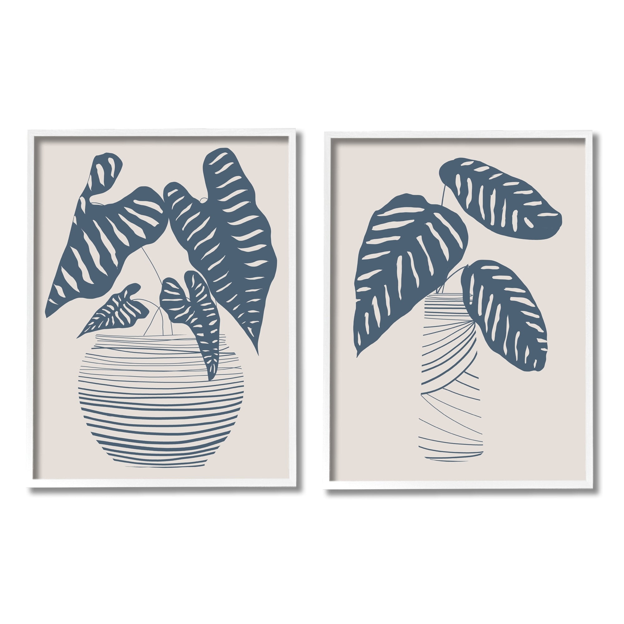 Stupell Industries Neat Potted Plant Leaves Minimal Striped Vases Graphic Art White Framed Art Print Wall Art, Set of 2, Design by Daniela Santiago