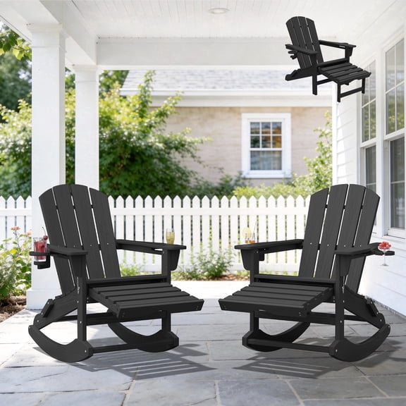 KINGYES Adirondack Rocking Chair Set of 2 with Retractable Ottoman and Cup Holders, HDPE Adirondack Rocker, Patio Rocking Chair for Porch, Patio, Black