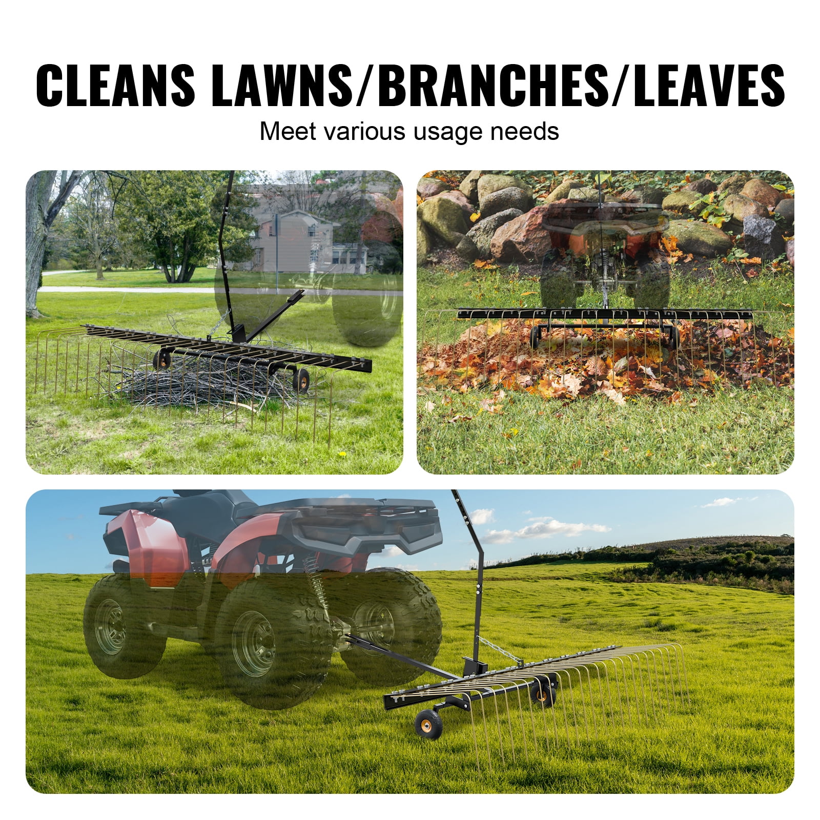 KFFKFF Tow Dethatcher, 60" Width with 24 Metal Tines, Compatible with ATV & Mower, Features Lift Handle, Ideal for Removing Leaves, Pine Needles & Grass