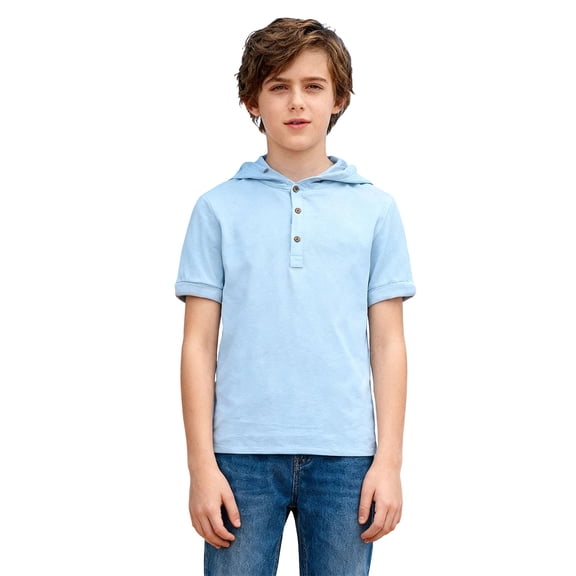 OSOLU Boys T-Shirts Hooded Short Sleeve Button Up Tops Solid Color Casual Summer Breathable Fashion Travel Tees