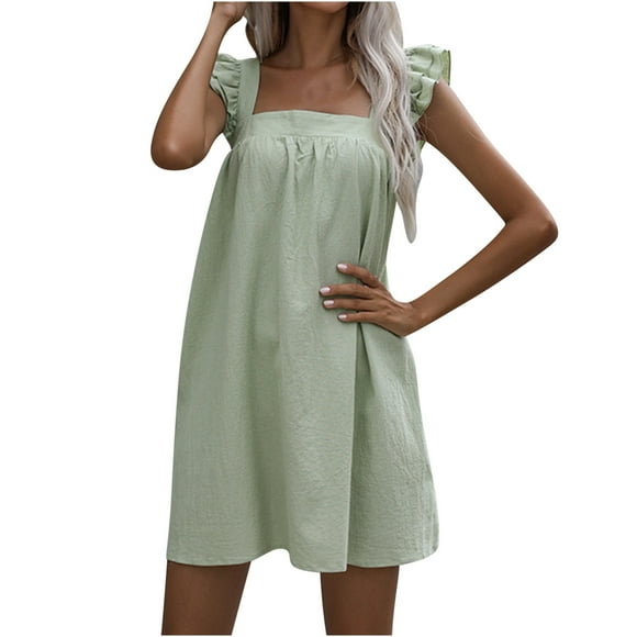 Summer Dresses for Women Square Neck Ruffle Sleeveless Cotton Linen Dress Causal Loose Flowy Beach Mini Dresses