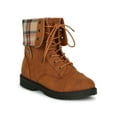 thumbnail image 1 of Women Leatherette Ankle Plaid Fold Over Cuff Stack Heel Combat Boot 19600, 1 of 6