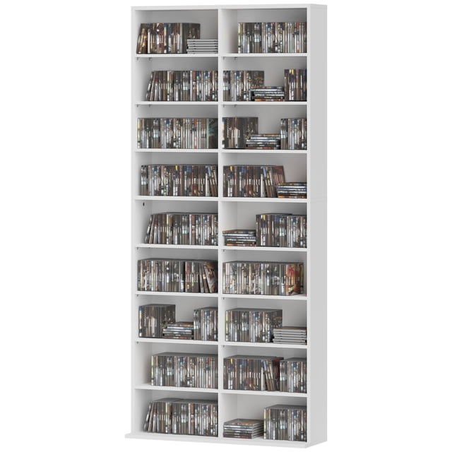 9-Tier White Media Shelf | Adjustable DVD & CD Storage Rack - 68.9" Tall | Living Room, Office & Entryway Organization