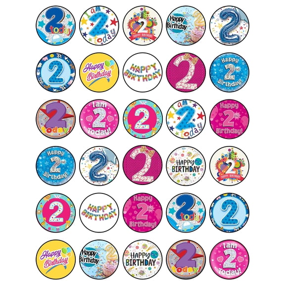 30x 2nd Birthday Cupcake Toppers – Edible Happy Birthday Décor, Wafer Sheet Cake Decorating