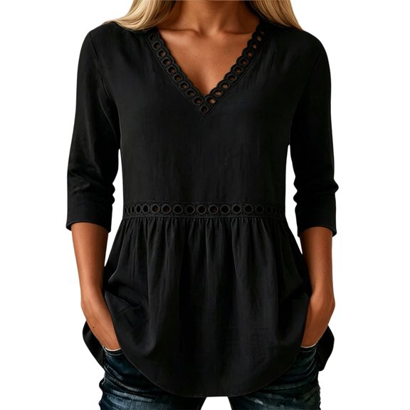 Tfken Women Tshirts Summer Short Sleeve V-Neck Tops Tees Loose Casual T-Shirts Ladies Comfy Clothes Outerwear Size L Black