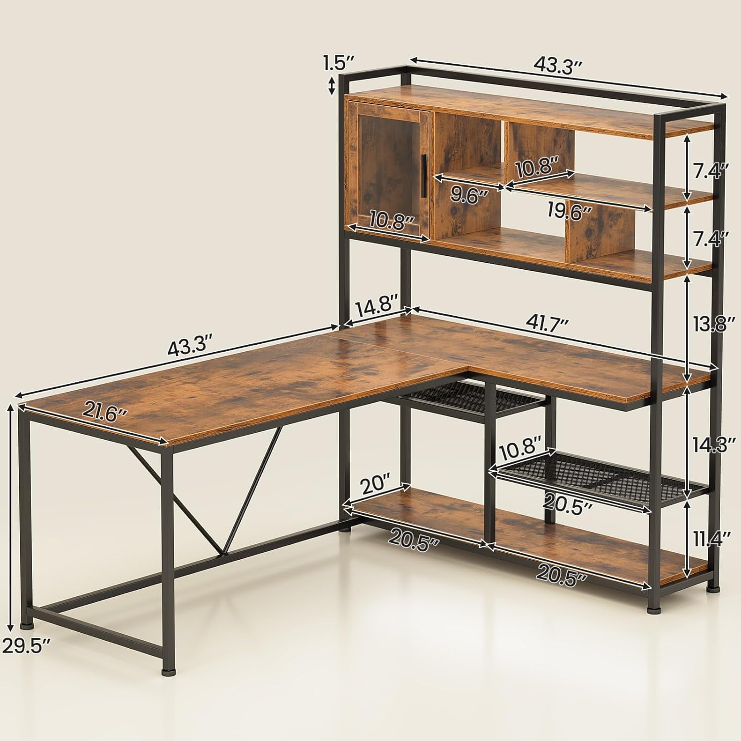 L-Shaped Desk with LED Lights & Hutch, Reversible Corner Computer Desk with Storage Shelves & Glass Cabinet, Writing Desk for Home Study, Rustic Brown