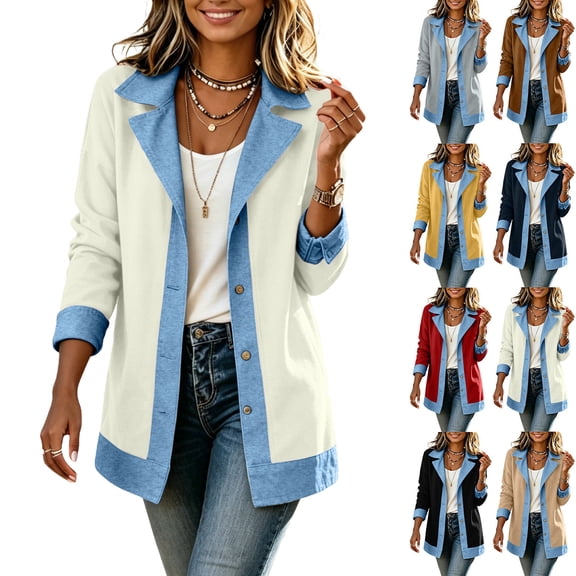Cekizud Jackets for Women Lapel Color Block Denim Trim Shacket Long Sleeve Button Down Casual Jacket,Sizes S-2XL