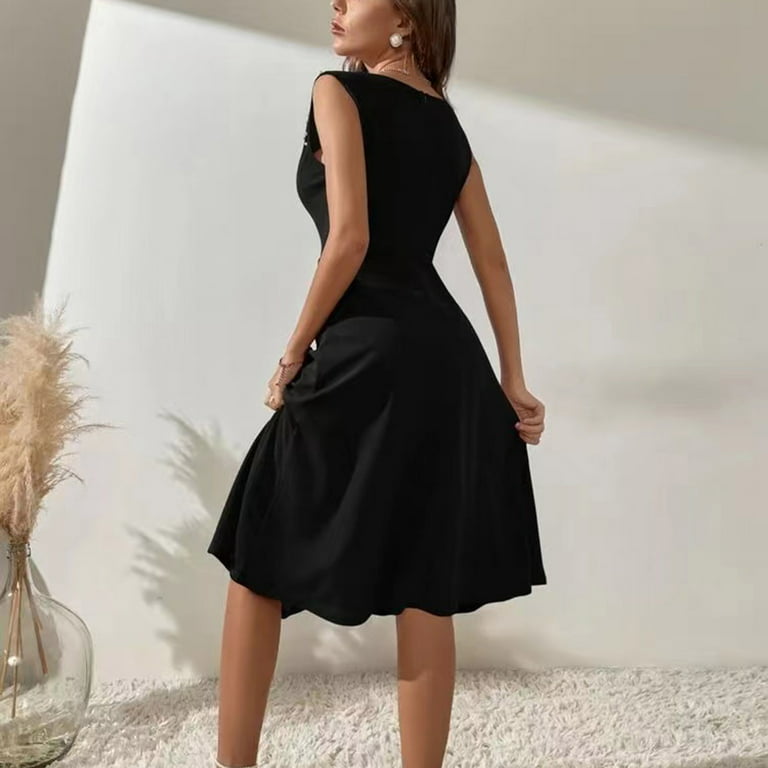 Finelylove Knee Length Dress Dresses Under 20 Dollars For Women V-Neck  Solid Sleeveless Sun Dress Black