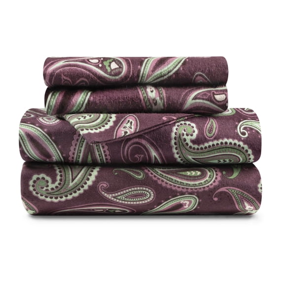 Superior Paisley Flannel Cotton Bed Sheet Set , Soft Fitted Sheets, Twin-XL, Purple