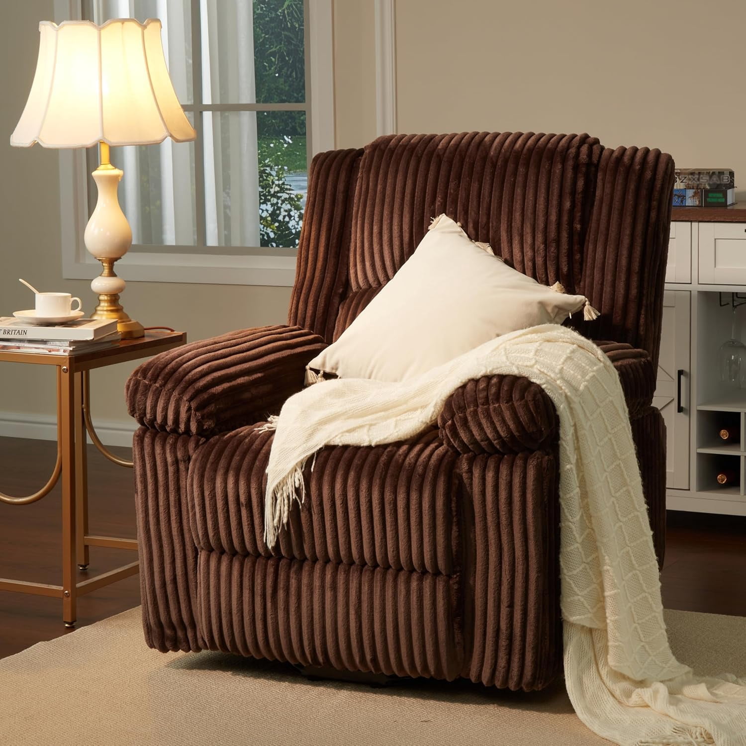 Corduroy Recliner Chair, Manual Recliner Sofa with Handle, Pillow Top Arms, Thick Padding, Side Pocket, 330Lbs Capacity, Adjustable Recliner for Living Room, Bedroom, Home Theater, Brown