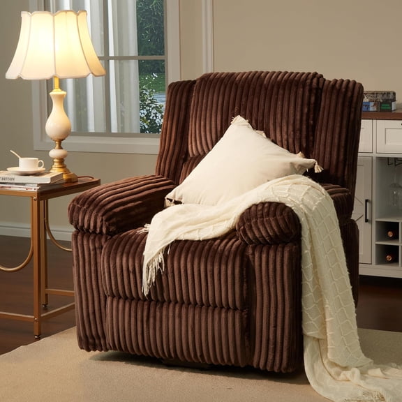 Corduroy Manual Recliner Chair with Pillow Top Arms, Side Pocket, Soft Plush Padding, Living Room & Home Theater Lounge Chair, 400 lbs Capacity,Brown