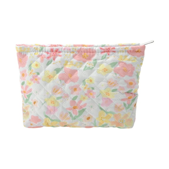 Unique Bargains 1 Pc Clutches Quilted Flowers Makeup Bag Pink Green Polyester