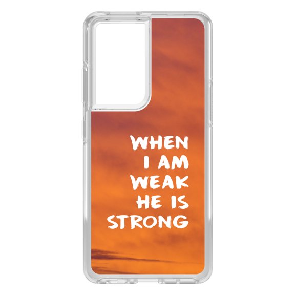 DistinctInk Clear Shockproof Hybrid Case for Galaxy S21 ULTRA 5G (6.8" Screen) - TPU Bumper, Acrylic Back, Tempered Glass Screen Protector - When I Am Weak, He Is Strong - Love of Christ