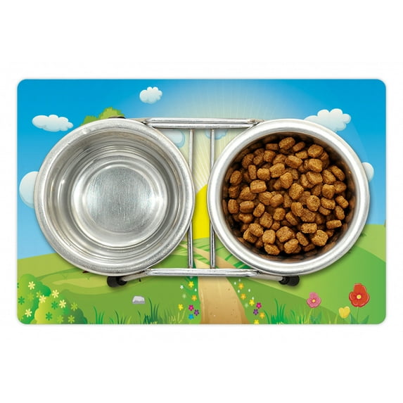 Country Pet Mat for Food and Water, Landscape of Hills Covered with Green Grass and Colorful Flowers with Sunrise View, Non-Slip Rubber Mat for Dogs and Cats, 18" X 12", by Ambesonne