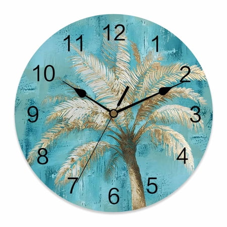 Wall Clock Tropical Palm Tree Clocks PVC Silent Non-Ticking Battery Operated Teal Blue Graffiti Coastal Island Round Clock for Home Living Room Kitchen Bedroom Office School Wall Decor 10 Inch