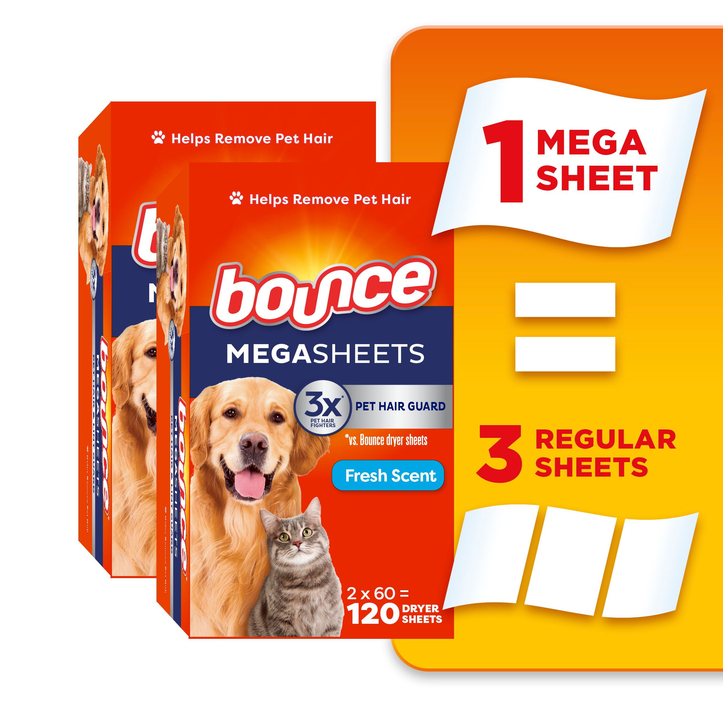Bounce Pet Hair and Lint Guard Mega Dryer Sheets with 3X Pet Hair Fighters, Fresh Scent, 120 Sheets