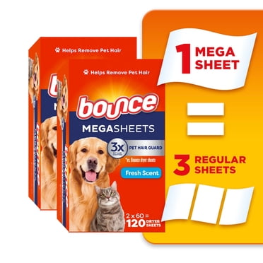 Bounce Pet Hair and Lint Guard Mega Dryer Sheets with Hair Fighters, Fresh Scent 120CT