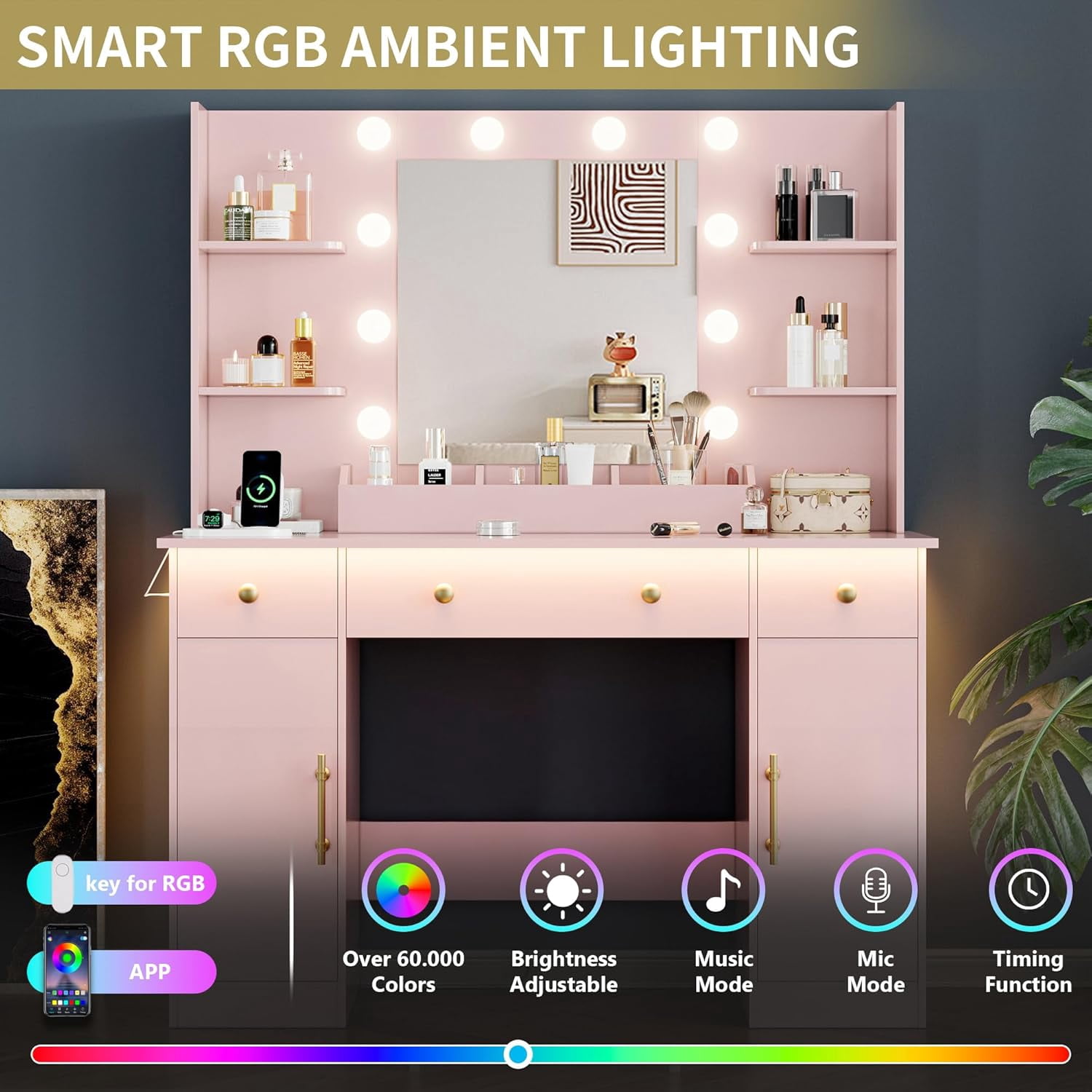 FANRAL 43'' Vanity Desk with 10 LED Lights,Under-Table RGB Strip & Built-in Power Station,Multi-Storage Makeup Table for Bedroom Bathroom Grooming,Pink Vanity