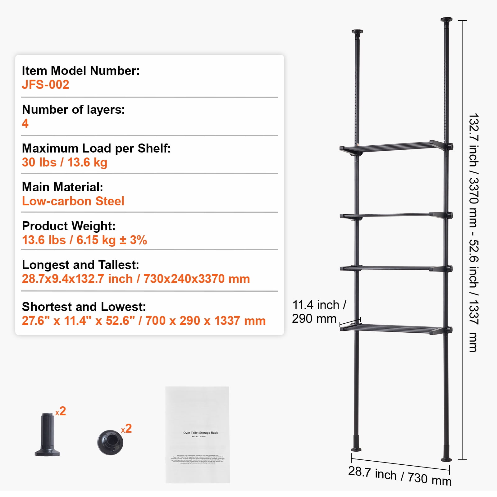 KFFKFF Bathroom Storage Above Toilet, 4-Level Adjustable Bathroom Organizer, Eco-friendly Steel 53"-132" High Storage Shelf Rack, Simple to Assemble Laundry Room Optimizer, Suitable for Compact Space