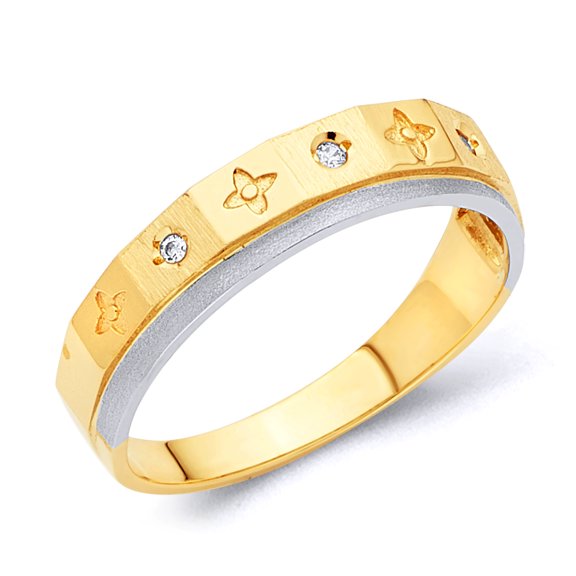 Wellingsale Mens Solid 14k Two 2 Tone White and Yellow Gold Polished Diamond Cut CZ Cubic Zirconia Wedding Ring Band - Size 8