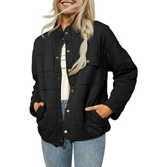 Lady Winter Coat Stand Collar Neck Protection Padded Thick Solid Color Long Sleeves Chest Pocket Button-down Cardigan Daily Commute Travel Jacket