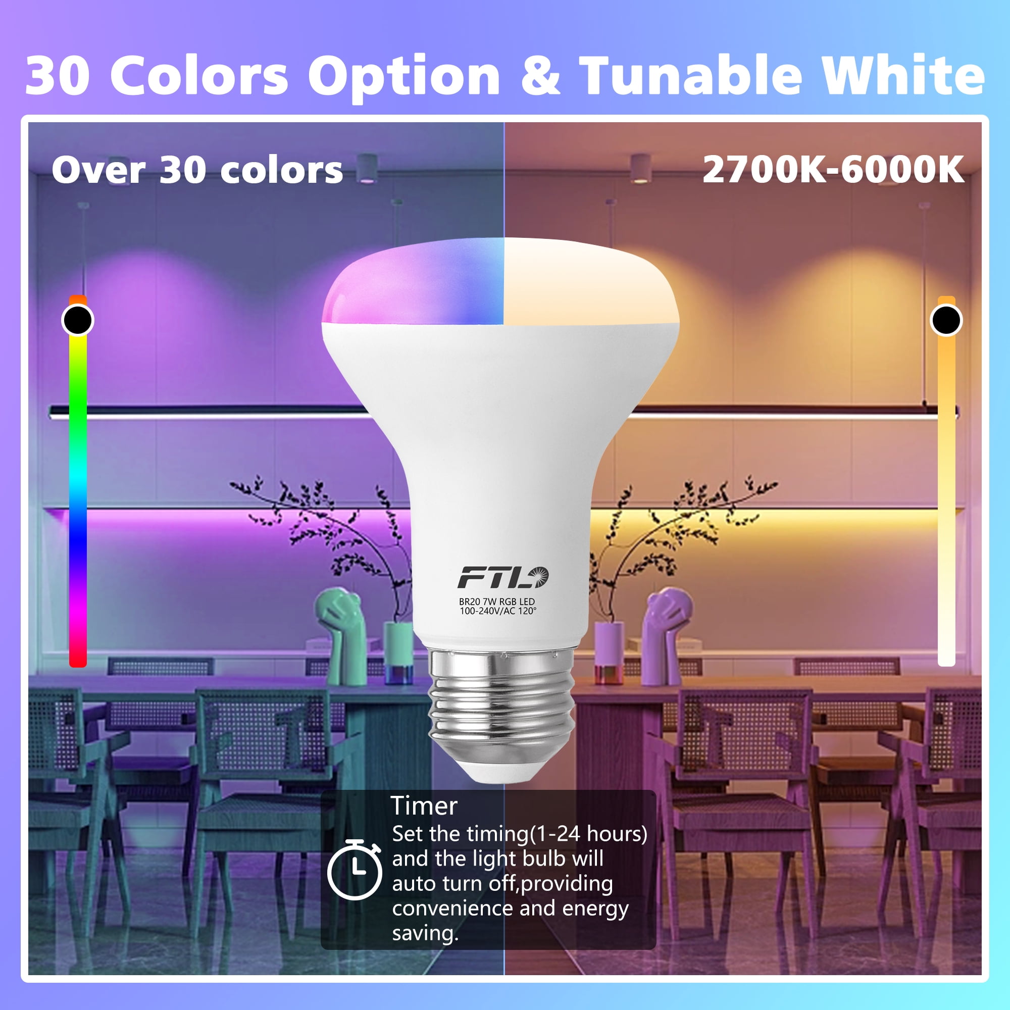 FTL BR20 LED Light Bulbs Color Changing, R20 Dimmable Flood Light Bulbs for Recessed Lighting, 30 Colors,2700K-6000K, Timer, 6-Pack