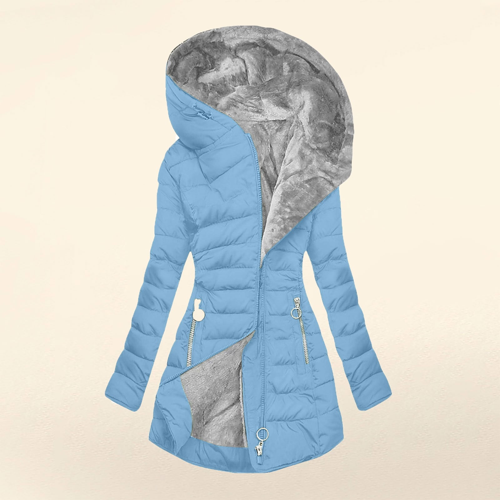VINUSLI Women Puffer Coat Full Zip Quilted Hoodie Jackets Fleece Lined Warm Plus Size Parka Coat​ Blue,XXL