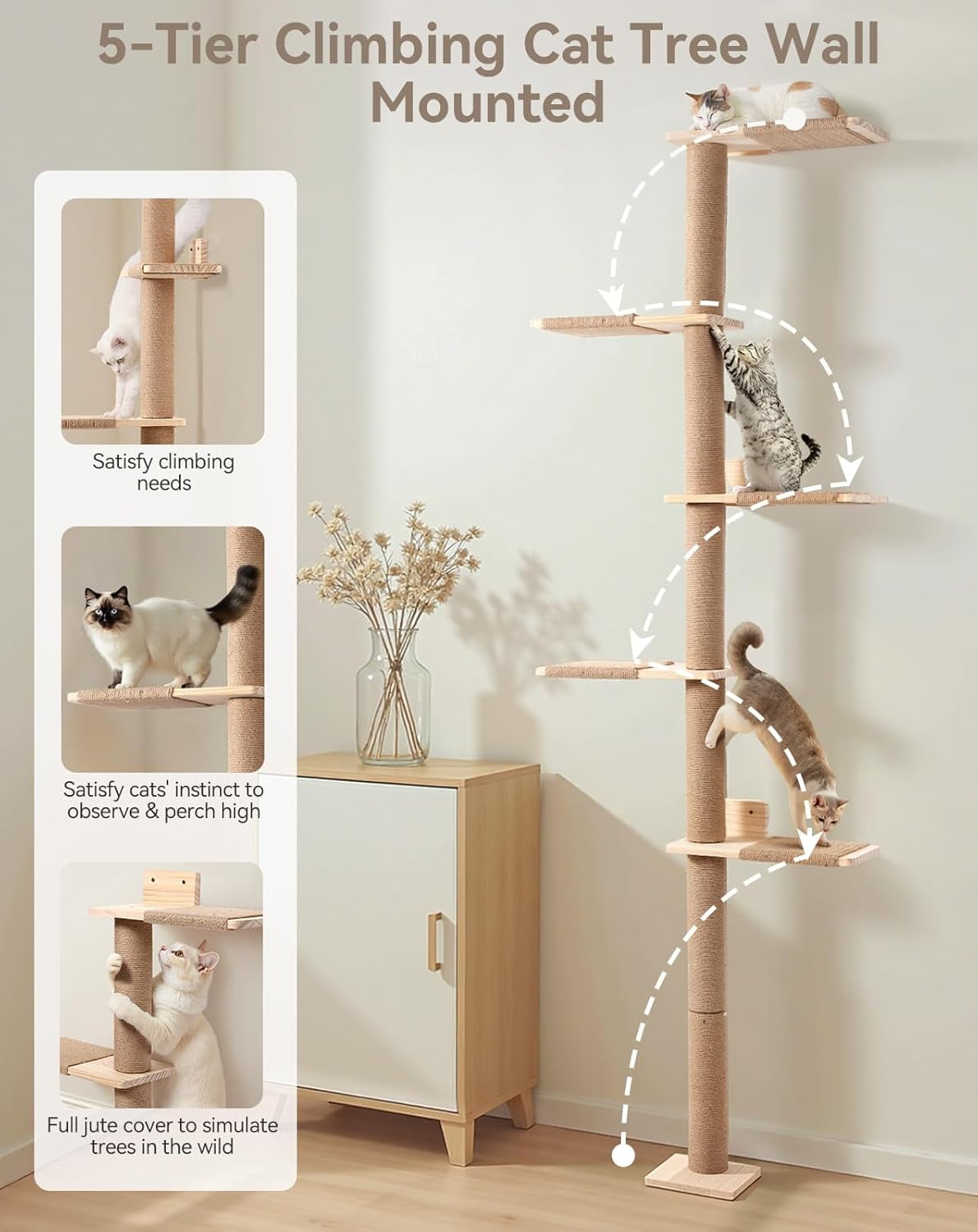 Tall Cat Tree for Wall 83.9inch, Wood Cat Wall Shelves for Kittens, Wall-Mounted Cat Tower with Scratching Post for Play, Climb & Scratching, 5 Tier Platforms