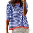 thumbnail image 2 of Baqcunre Women's Sweaters Women's Knitted Sweater Stripe Contrast Color Design Drop Shoulder Long Sleeve Pullover Casual Crewneck Sweatshirts Fall Outfits Women Trendy Blue 1 L, 2 of 7