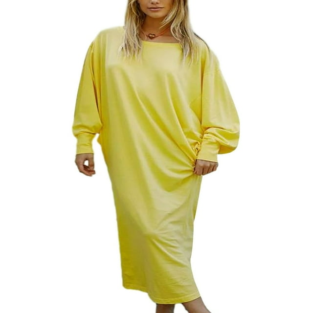 Robe Longue d'Automne pour Femmes Couleur Unie Col Rond Manches Longues Robe Décontractée Ample de Vacances