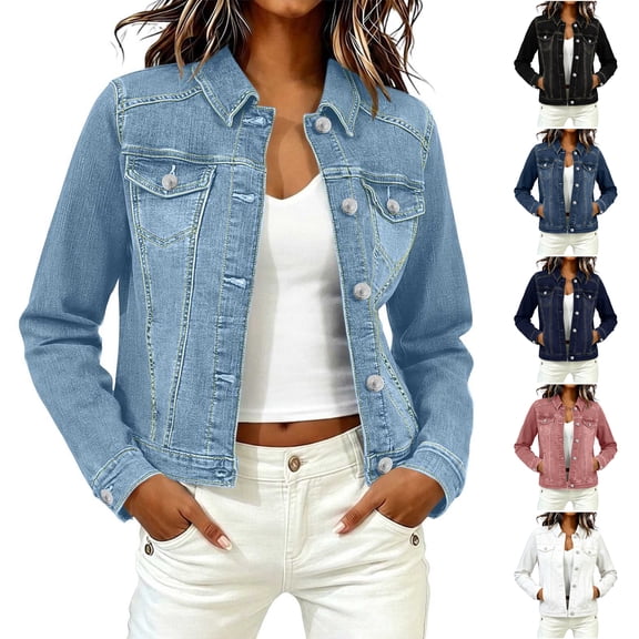 TGSLY Women's Cropped Denim Jacket Lightweight Collared Button Front Jean Trucker Coat Relaxed Casual Solid Color Long Sleeve Outerwear with Pockets M