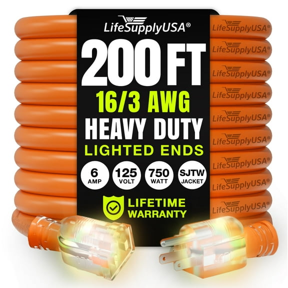 200ft Outdoor/Indoor Extension Cord 16/3 Gauge Heavy Duty 3 Prong SJTW, Waterproof, Flexible Cold-Resistant Long Power Cord,6A 125V 875W, Orange by LifeSupplyUSA