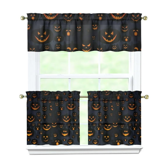 Retro Halloween Kitchen Curtains 3-Piece Set - Spooky Night Pumpkin Black Cat Artwork Rod Pocket Tier Curtains