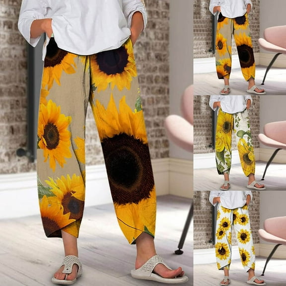 QLEICOM Womens Slacks Women's Wrinkle Free Relaxed Fit Straight Leg Pants Elastic Waist Pants Floral Print Wide Leg Pants Cotton Linen Crop Pants with Pocket Relaxed Fit Trousers Yellow L