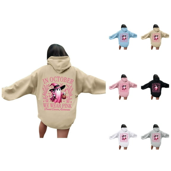 In October We Were Pink Hoodies for Women 2025 Cancer Awareness Halloween Hoodie Sweatshirt Pullover Tops