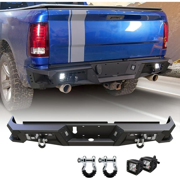 Rear Bumper for 2009-2018 Dodge Ram 1500(Including 2019-2024 RAM 1500 Classic) Heavy Duty Steel Offroad Back Bumper with D-Rings with LED Pod Lights & Licence Lamp,105 style