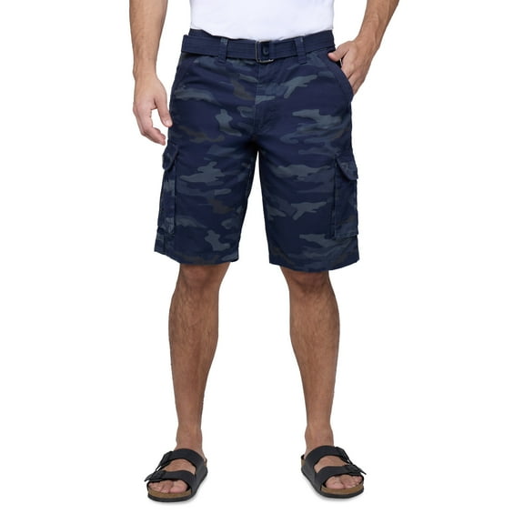 RAW X Mens Belted 12.5" Inseam Knee Length Cargo Shorts, Navy Camo, 40