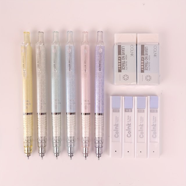 6pcs Premium Cute Drawing Mechanical Pencil Set - Smooth Writing, Premium HB Refills, 2 Bonus Erasers - Ideal for Students, Artists & Office Use