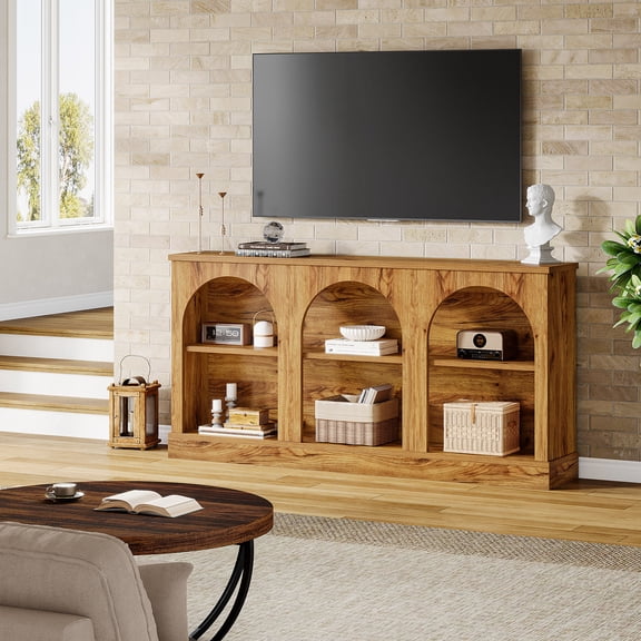 Finmind  63 Inch TV Stand for 55/60/65 Inches TV, Farmhouse Entertainment Center with Storage Cabinets for Living Room,Bedroom, Wood Brown