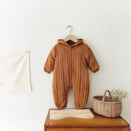 

Ovbmpzd Hooded Newborn Pajamas Brown Cotton Solid Buttons Knitted One-Piece Pajamas Onesies for Baby Girls Newborn 90