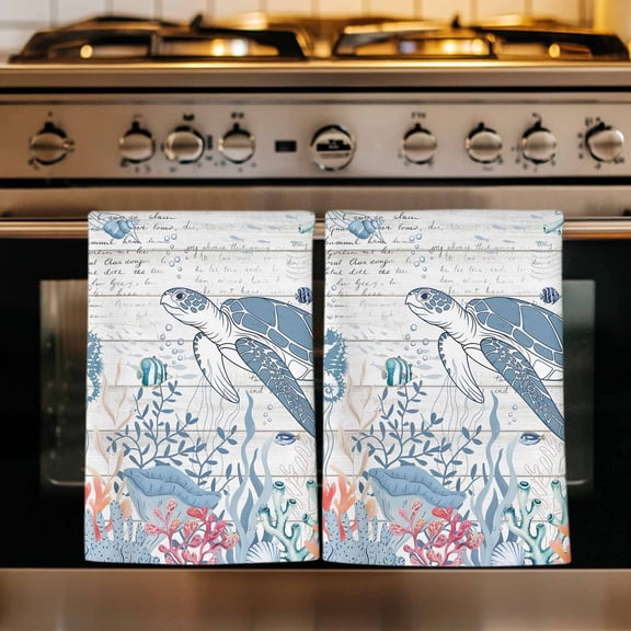 Coastal Turtle Kitchen Towels Set of 3, Beach Nautical Ocean Coral Seahorse Vintage Absorbent Dish Towels for Kitchen, Microfiber Hand Towel, Quick Drying Tea Towel for Cleaning Decorative Dishcloths