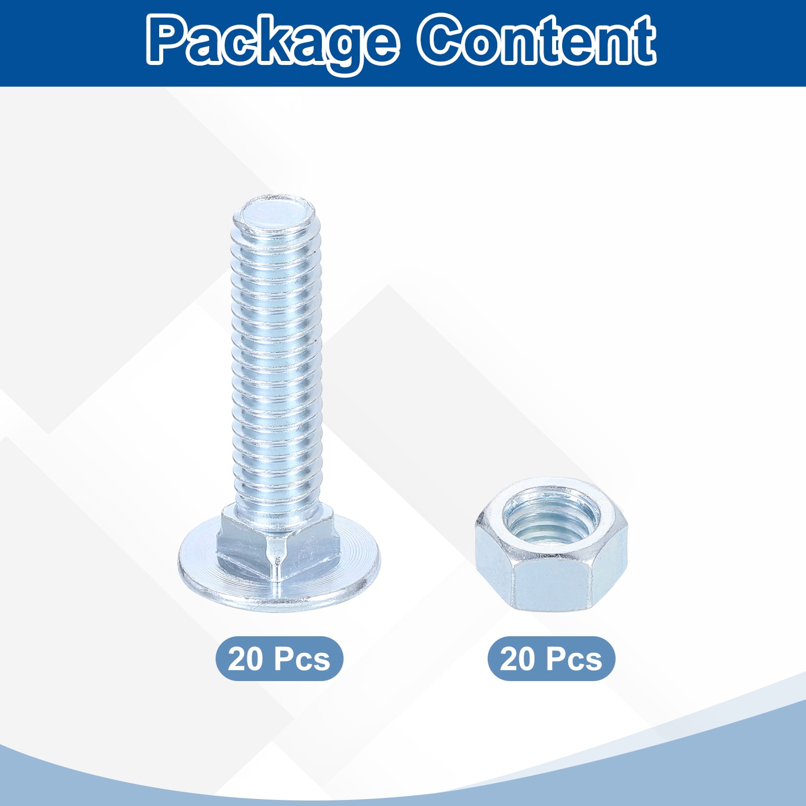 Uxcell 25Set Carriage Bolts and Nuts Kit, 5/16"-18x2" Carbon Steel Round Head Square Neck Carriage Bolts Screws and Hex Nuts, Bluish-white