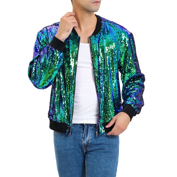 INSPIRE CHIC Men's Jackets Long Sleeve Zipper Glitter Bomber Jacket Coats M Green