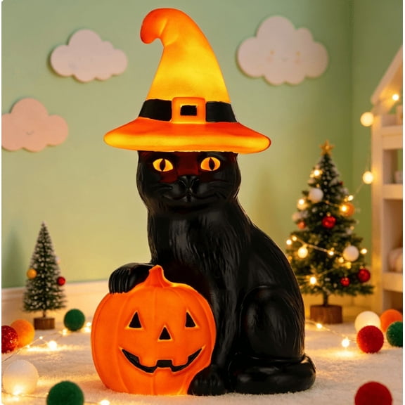 Light-Up Pumpkin Cat Blow Mold Outdoor Decoration, Orange & Black