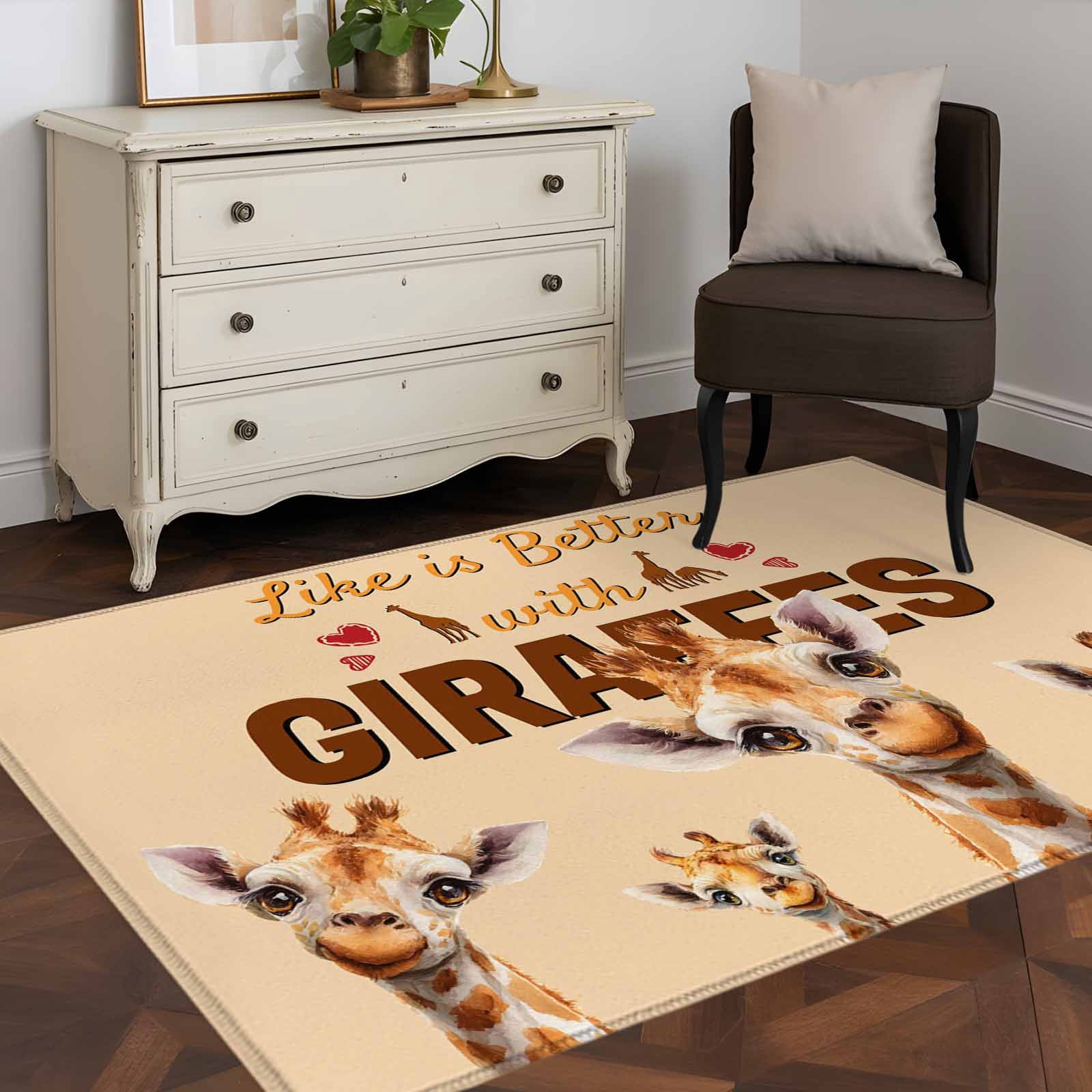 Giraffe Area Rugs 2.7'x5', Washable Small Throw Rugs for Kitchen Bedroom, Red Love Heart Farmhouse Animals Indoor Outdoor Rug Non-Slip Low Pile Carpet Runner Reversible Floor Mats