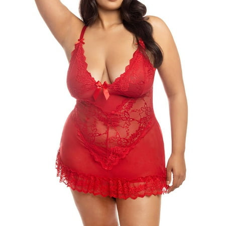 Women s Oh La La Cheri 2139X Plus Valentine Lace Babydoll And G-String Set (Red 3X-4X)