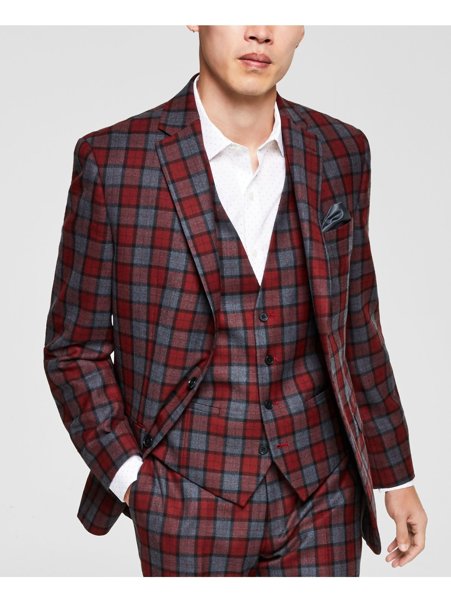 BAR III Mens Red Single Breasted, Plaid Slim Fit Suit Separate Blazer