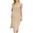 thumbnail image 2 of Women'S 2025 Sleeveless Knitted Dress Crew Neck Side Slit Bodycon Knit Slim Fit Midi Dress Khaki XL, 2 of 9